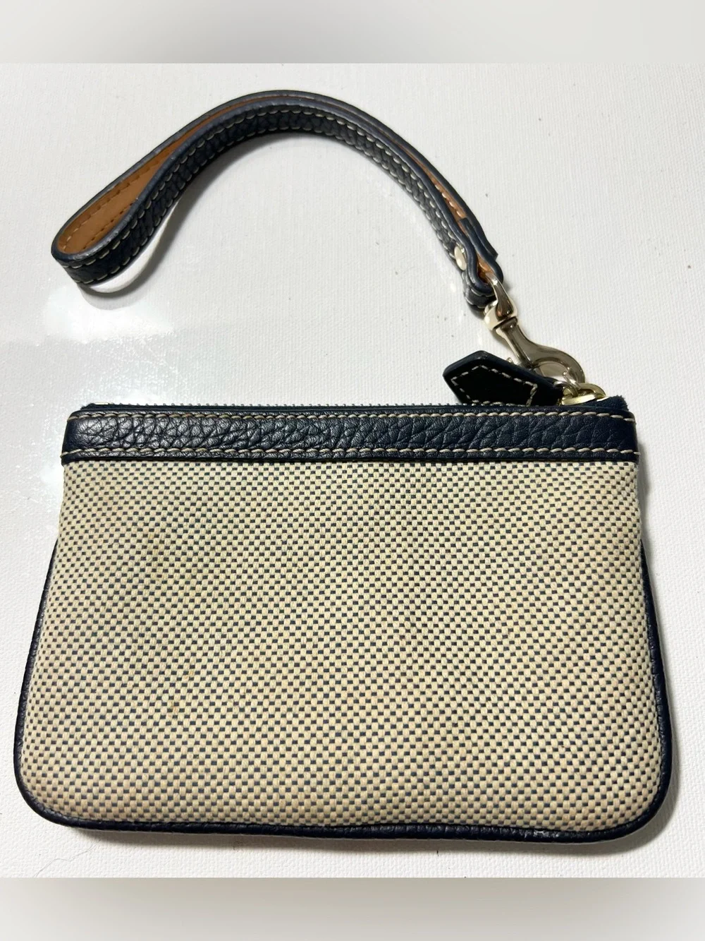 Dooney & Bourke Navy and Cream Canvas Wristlet with Leather Trim